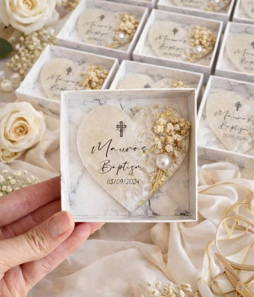 Heart Baptism Magnet Favors - Personalized Christening Guest Gift