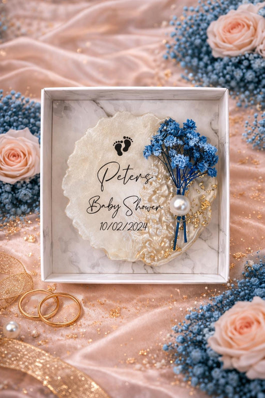 Baby Shower Resin Magnet Favor - Blue Floral Footprint Keepsake